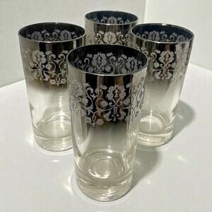 Set of 4 Vintage Silver Fade Highball Glasses Glitter Floral-Dorothy Thorpe